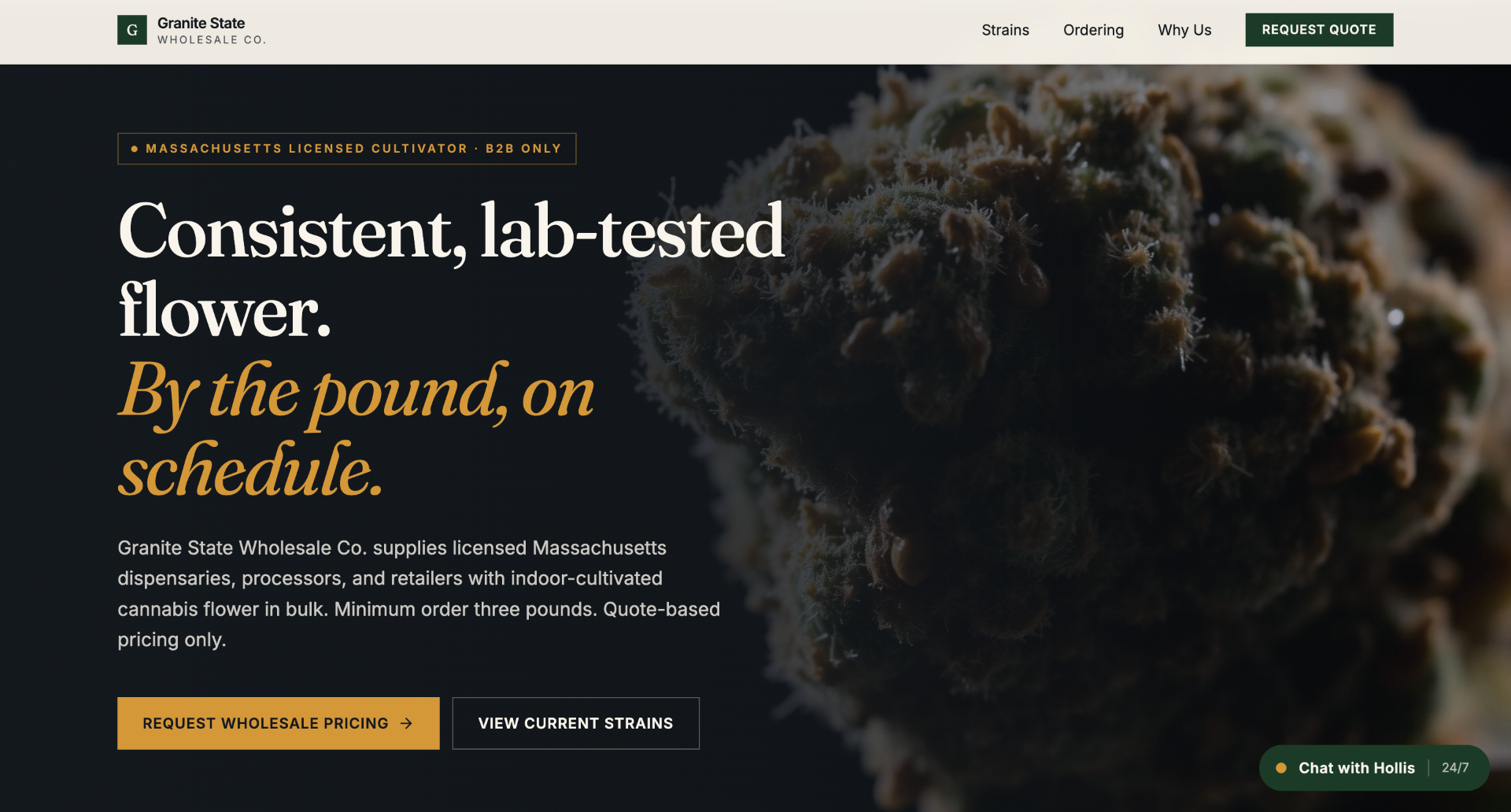 Granite State Wholesale Co. — Cannabis Wholesale (B2B) website design with a custom 24/7 AI receptionist by ZenLeads.io