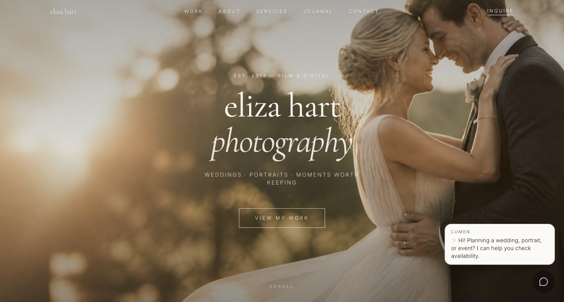 Eliza Hart Photography — Photography website design with a custom 24/7 AI receptionist by ZenLeads.io