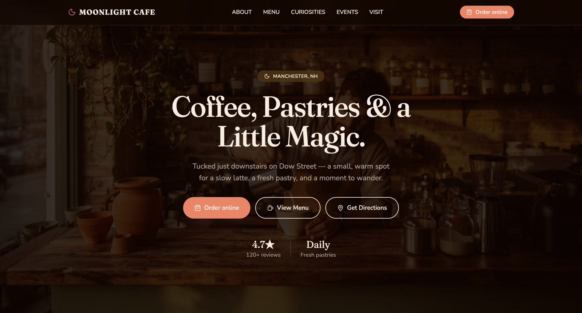 Moonlight Cafe — Coffee Shop / Cafe website design with a custom 24/7 AI receptionist by ZenLeads.io